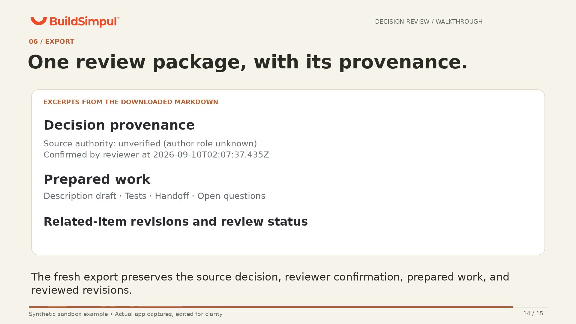 Export: reviewed package after refreshing stale work and approving updated drafts