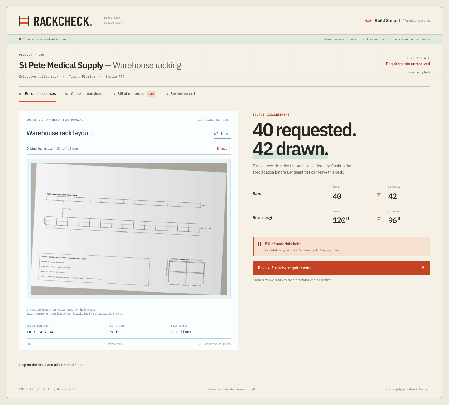 RackCheck source comparison and original L20 synthetic drawing