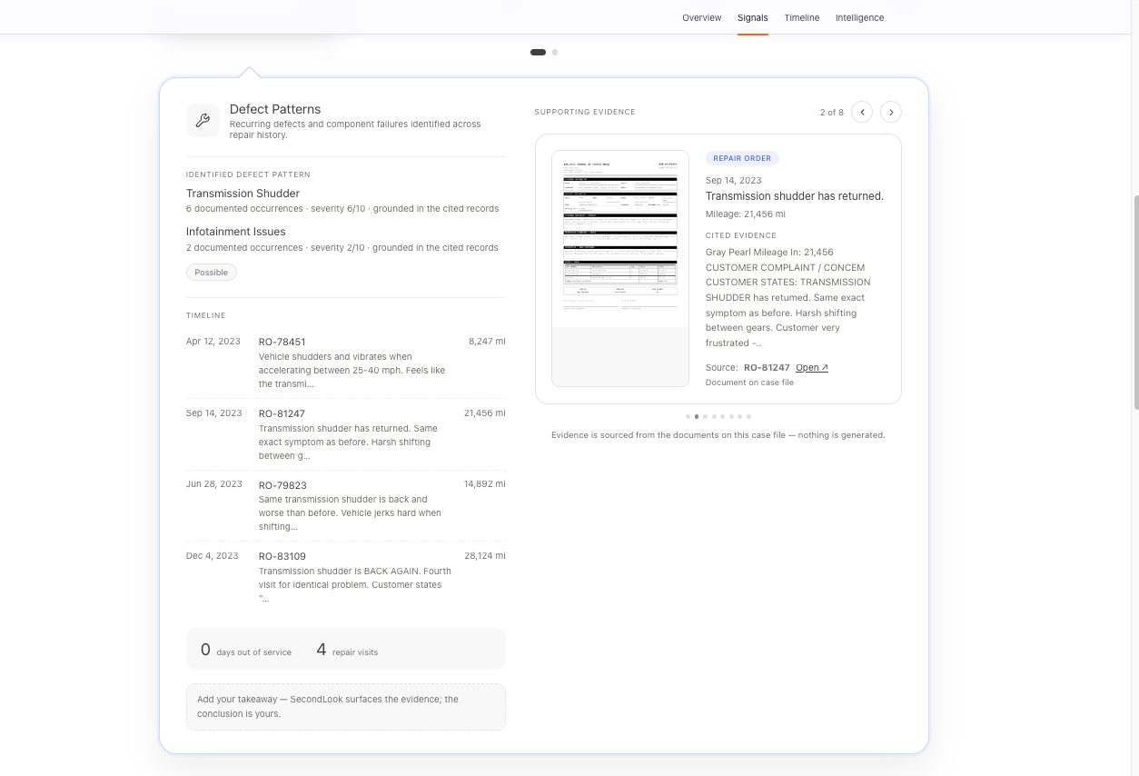SecondLook product UI showing defect patterns with a cited repair order